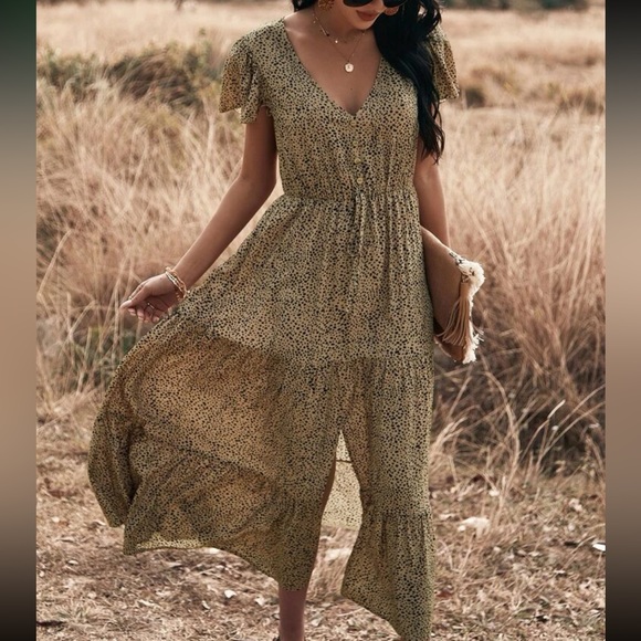 Bohemian Blue O Neck Butterfly Print Cotton Mid Dress Summer main image 1